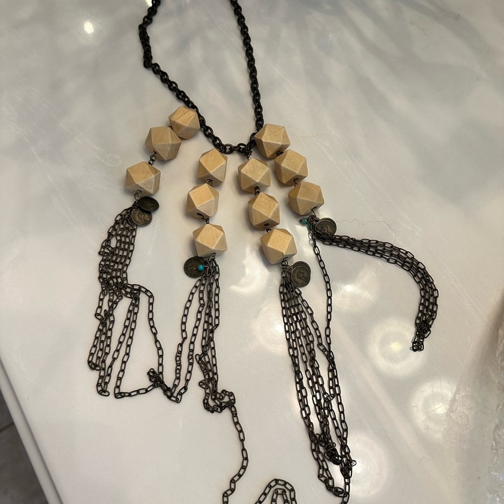 Black and Tan Necklace with Dramatic Chain Tassels